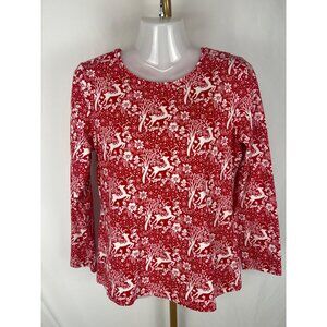 Talbots Petite Red & White Holiday Reindeer Print Long Sleeve Tee Medium Petite